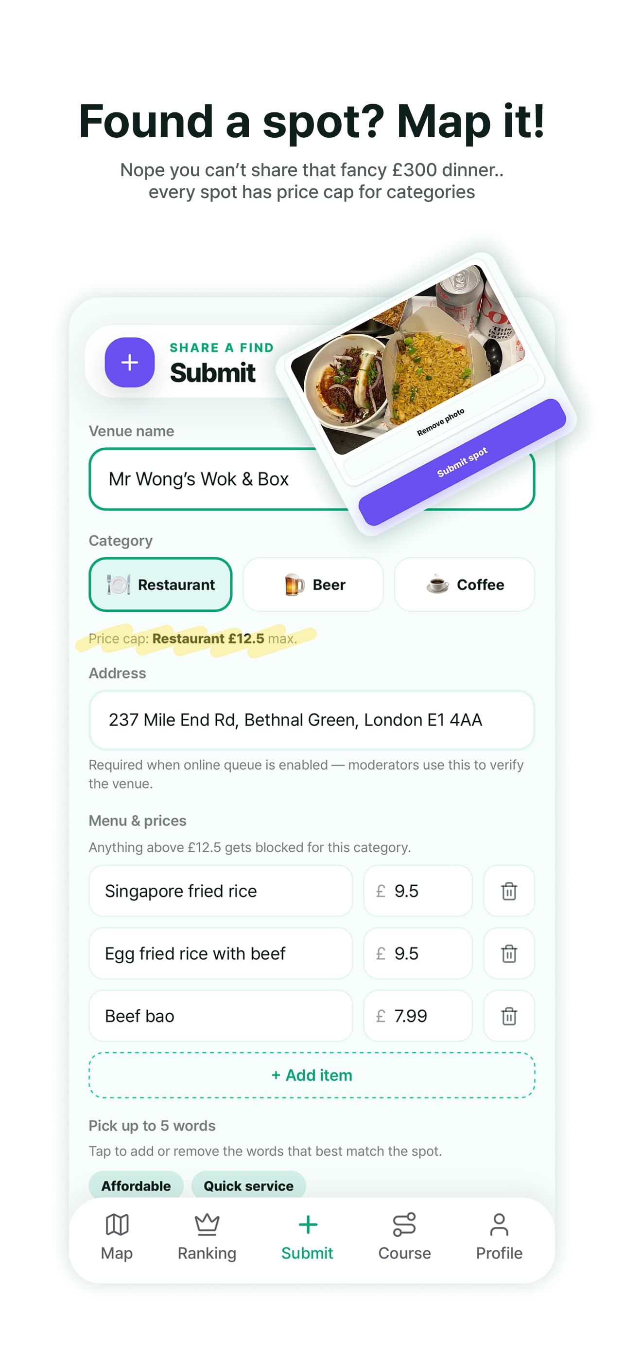 Maimo Map submission form for adding a budget-friendly London venue
