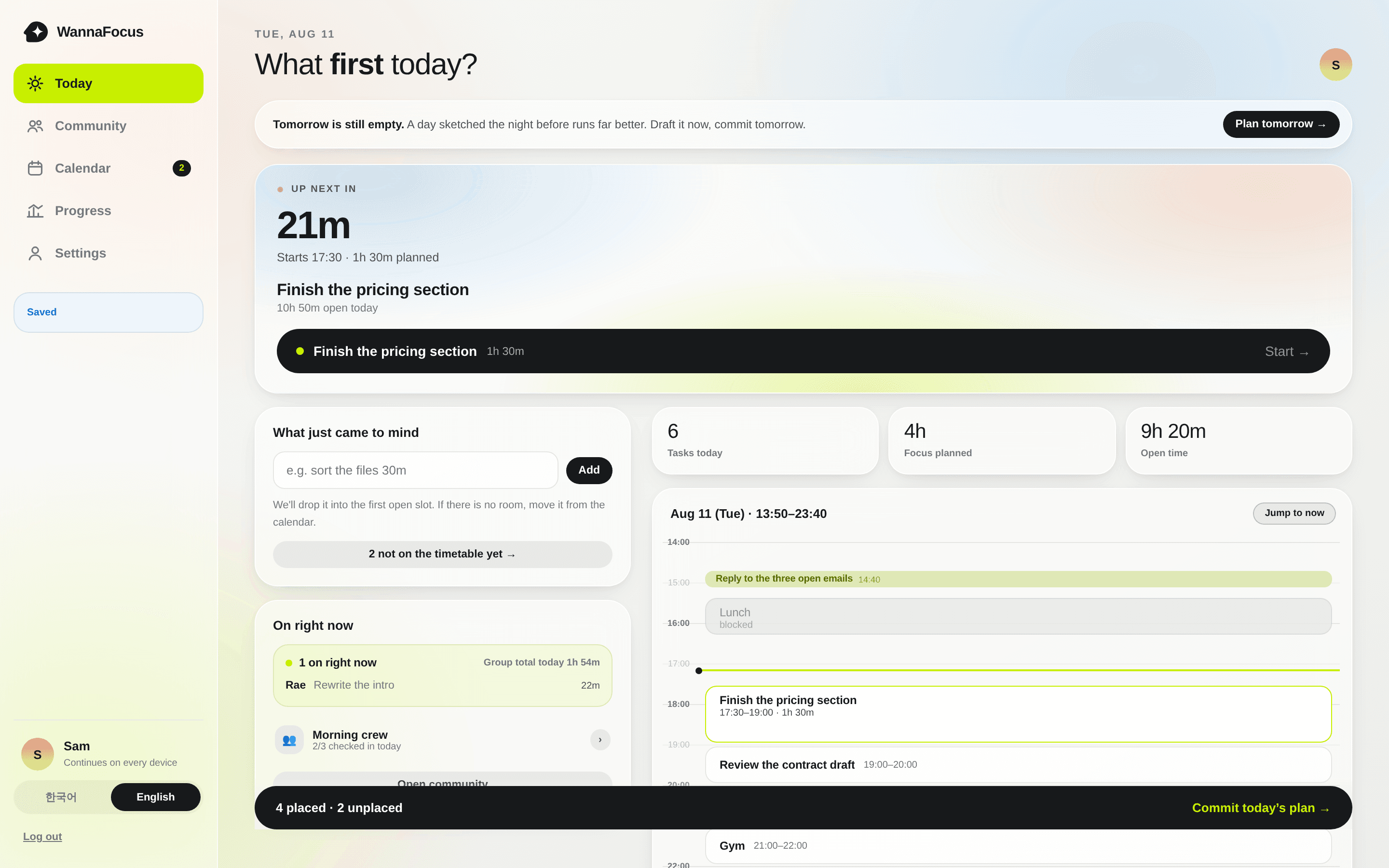 WannaFocus Today view showing a scheduled focus task and daily timetable
